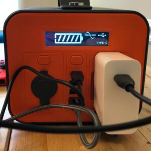 Novoo 230Wh Portable Power Station front panel, plugged in Novoo 230Wh Portable Power Station front panel, plugged in