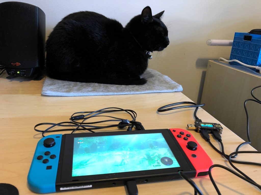 New Nintendo Switch under going charging stress test, with a relaxed cat