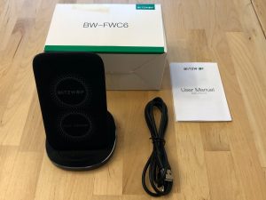 BlitzWolf BW-FWC6 10W Qi Wireless Fast Charger Stand box and contents