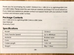 AUKEY CB-BAL5 3-in-1 USB Cable specs